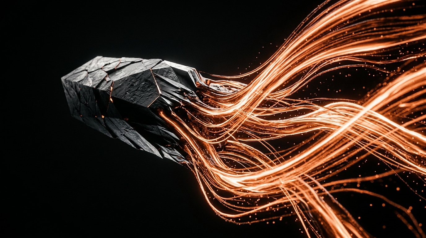 Abstract visualization of AI accelerating creative production workflow